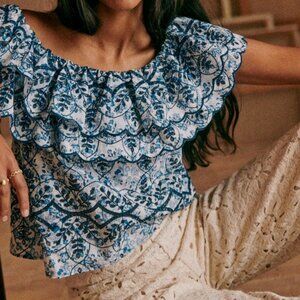 NEW (NWT) SEZANE LEILANI BLOUSE 16 46 XL BLUE EYELET BLOUSE OFF THE SHOULDER